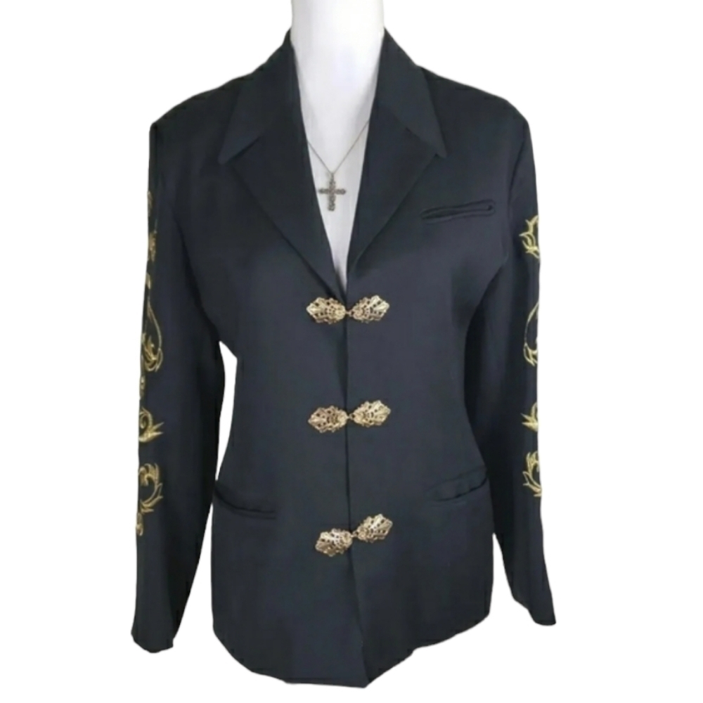 Vertigo Paris~Size L~Black/Gold Embroidered Blazer Jacket Wool Blend.